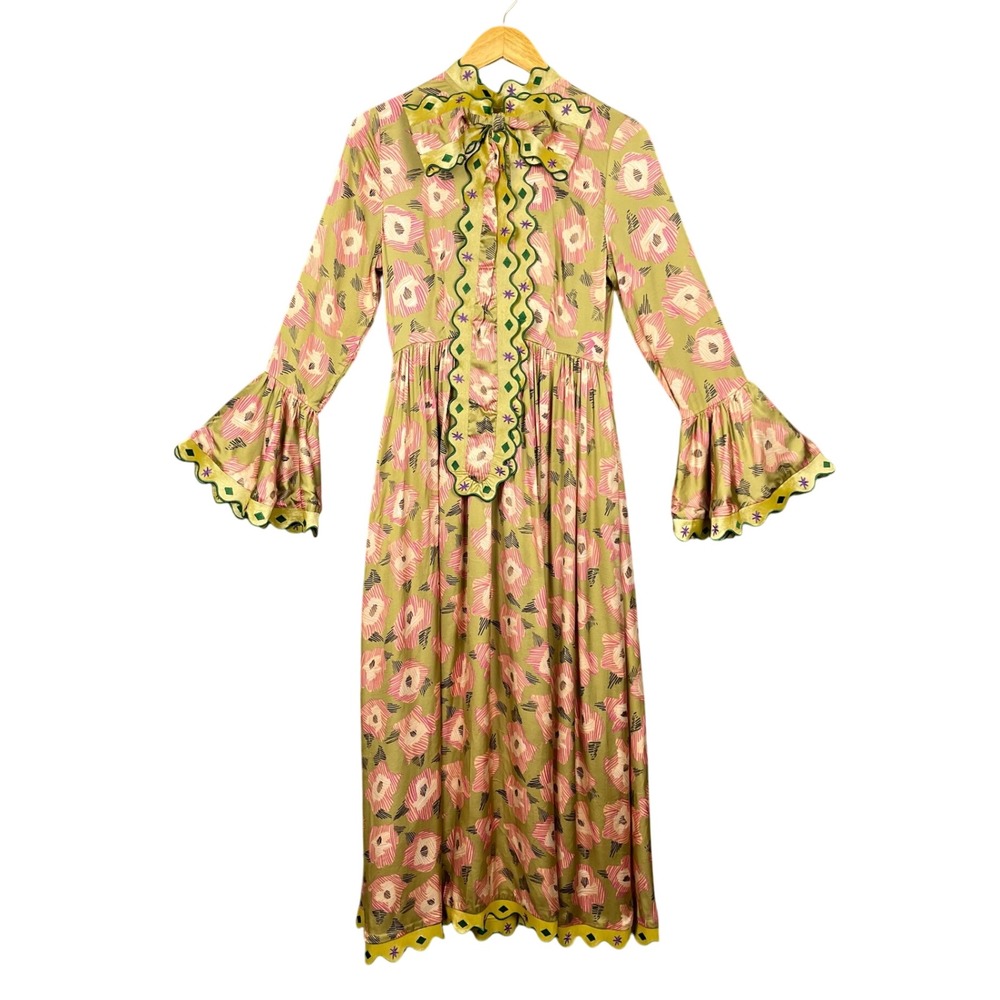 CeliaB Glede Dress Womens XS Floral Bell Sleeve Tie Neck Boho‎ Cottage Scalloped